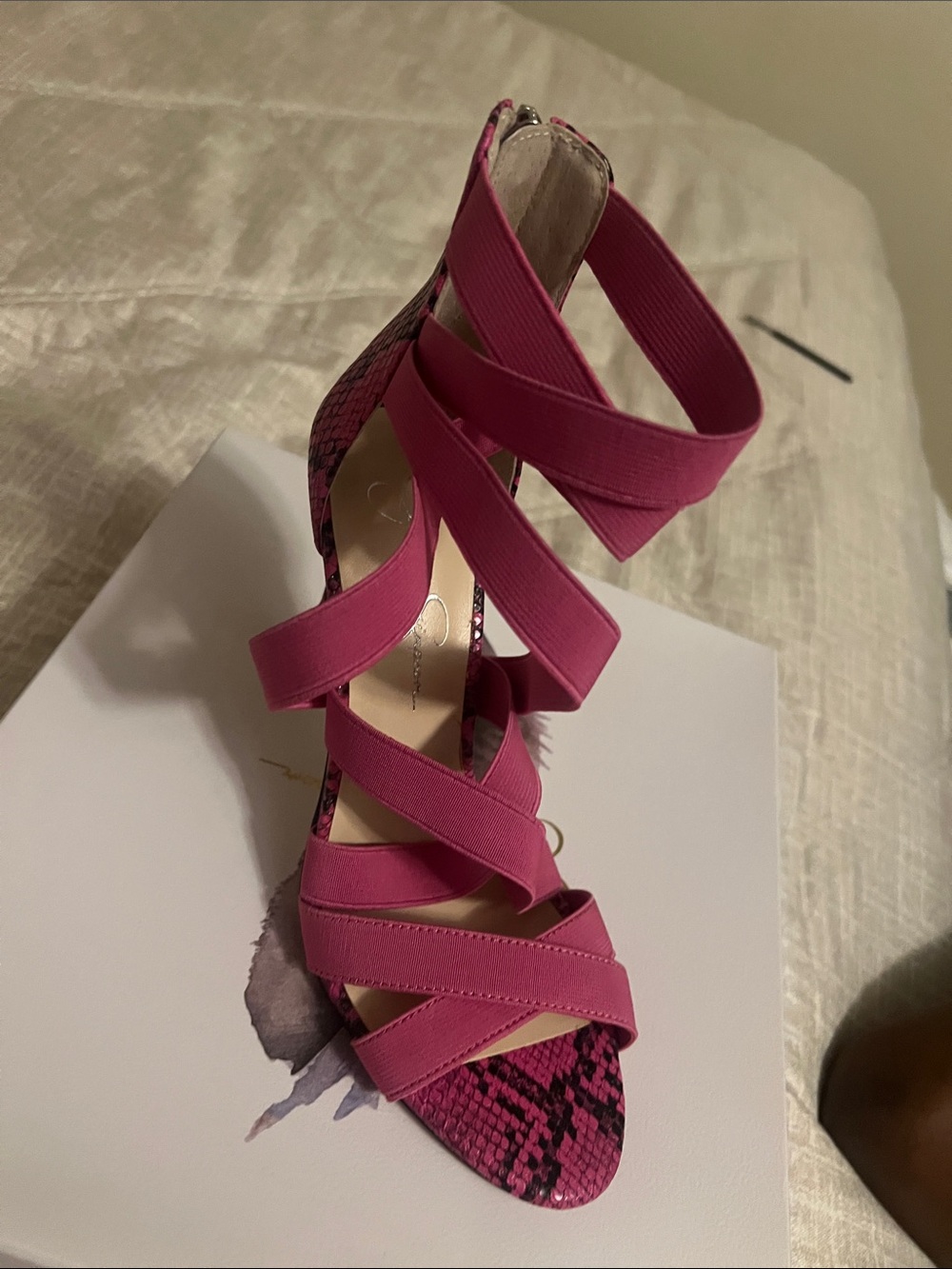 Jessica Simpson Pink Strappy Snake-Print High Heel Sandal